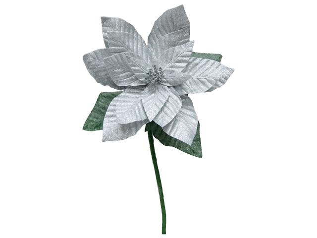 33.5" GLITTER POINSETTIA WITH LEAVES STEM (SILVER)